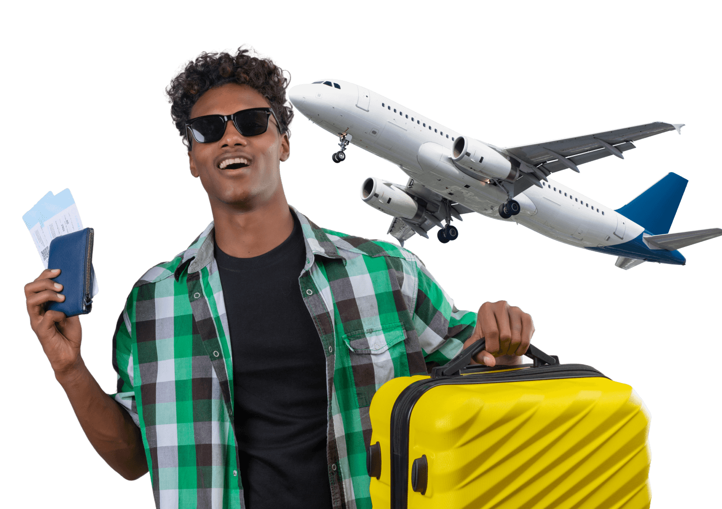 Traveler with suitcase and airplane